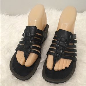 Teva Black Strappy Leather Wedge Platform Sandals